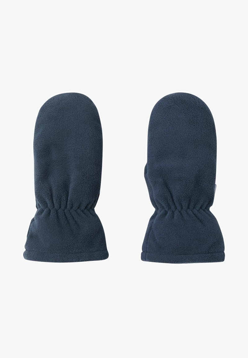 Dunkelblaue Fleece-Handschuhe mit einem gerafften Handgelenkdesign für einen engen Sitz. Weiche Textur und abgerundete Spitzen, geeignet für kaltes Wetter.