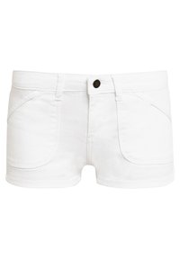 White denim shorts with a classic design, featuring two front pockets, a button closure, and a clean finish along the hem.