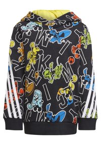 Sudadera negra con un estampado colorido de personajes de dibujos animados y letras. Tres rayas blancas a lo largo de las mangas. Interior suave.