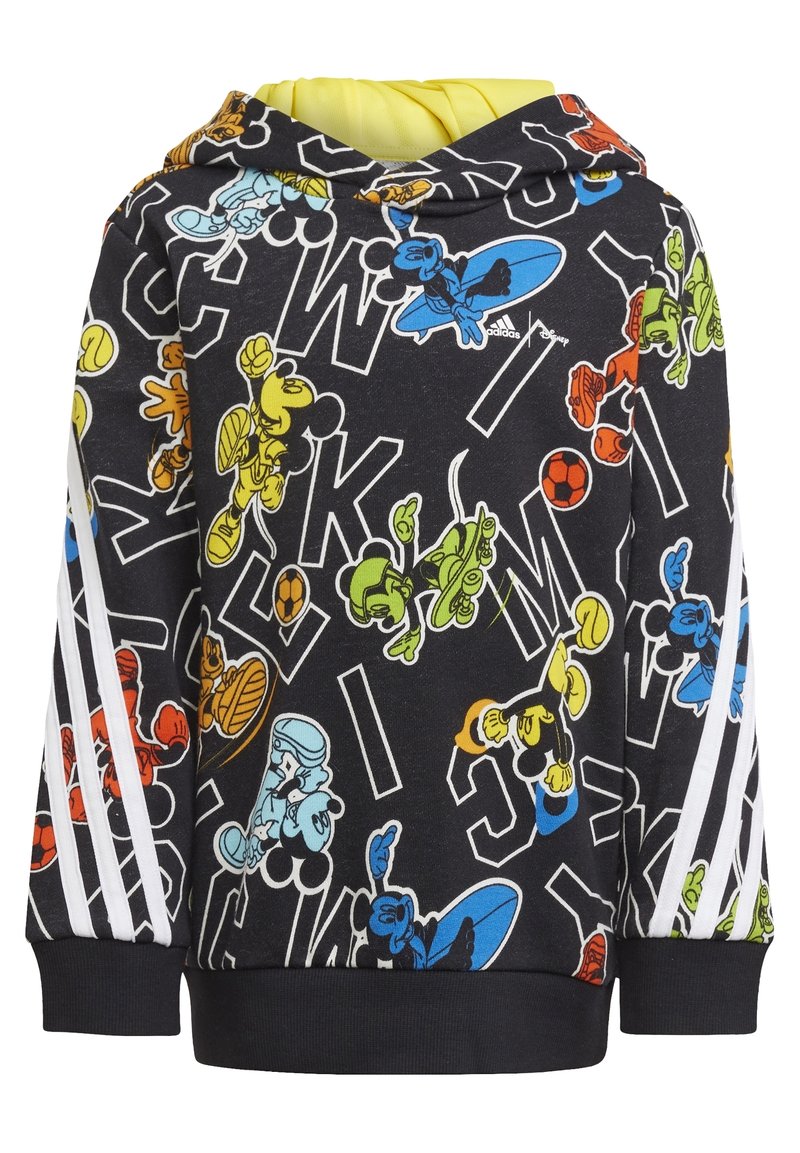 Sudadera negra con un estampado colorido de personajes de dibujos animados y letras. Tres rayas blancas a lo largo de las mangas. Interior suave.