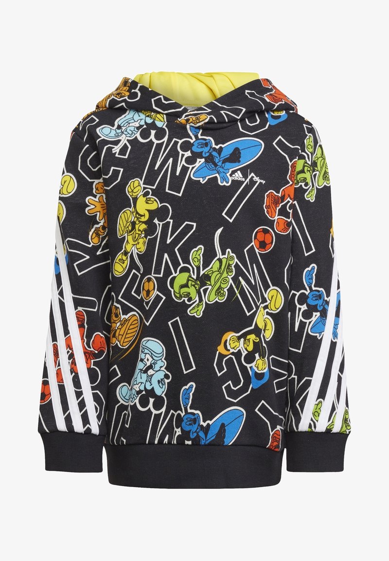 Sudadera negra con un estampado colorido de personajes de dibujos animados y letras. Tres rayas blancas a lo largo de las mangas. Interior suave.