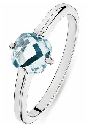 Silberring mit einem facettierten, hellblauen Edelstein in ovaler Form, gesetzt auf einem glatten Band mit minimalistischem Design und zwei Prong-Akzenten.