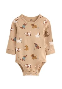 Langærmet body i beige med hundemønster. Har knapper forneden, blødt bomuldsstof og rund halsudskæring med kontrasterende detaljer.