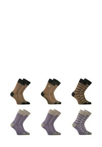 Quatre paires de chaussettes : marron avec des motifs à pois et rayés, et violettes avec des pois et des rayures. Poignets côtelés, accents contrastés sur les orteils et les talons.