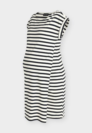 Robe de maternité rayée horizontale noire et blanche avec manches courtes, encolure ronde et détail de pli latéral.