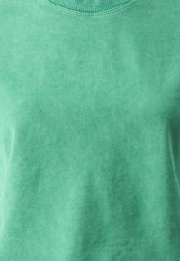 Camiseta verde de manga corta hecha de un tejido suave, con cuello redondo y una superficie ligeramente texturada. Sin patrones ni gráficos visibles.