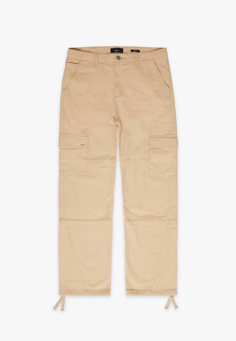 Beige cargo pants with two front pockets and two side pockets. Features elastic drawstrings at the ankles and reinforced stitching details.