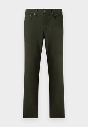 Temno zeleni, oprijeti hlače iz gladkega bombažnega blaga; vsebujejo pet žepov, zanke za pas in sprednji gumbasti zap Closure.