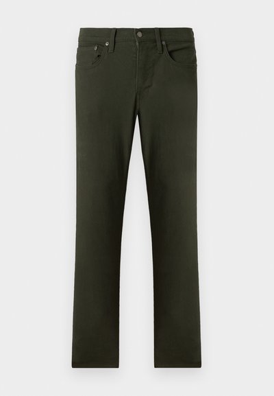 Calças escuras verde-escuro, de corte justo, feitas de tecido de algodão suave; apresentam cinco bolsos, passantes para cinto e fecho frontal com botão.