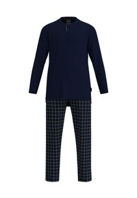 Navy long-sleeve top with a buttoned neck and plaid pants featuring a dark blue background with green lines. Soft fabric and relaxed fit.