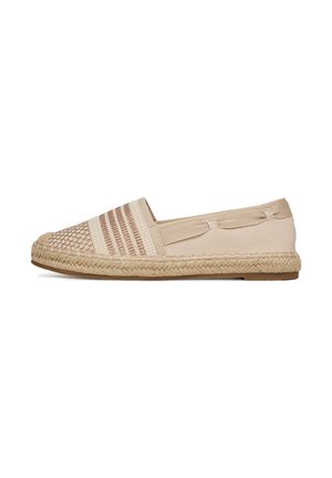 Scarpe slip-on in tela beige con tomaia decorata, dettaglio in juta intrecciata attorno alla suola e accenti elastici sui lati per una facile indossabilità.