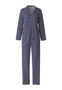 Navy blauwe polka dot pyjama's gemaakt van zachte stof, met lange mouwen, een knoopsluiting aan de voorkant en bijpassende broeken met witte ronde patronen.