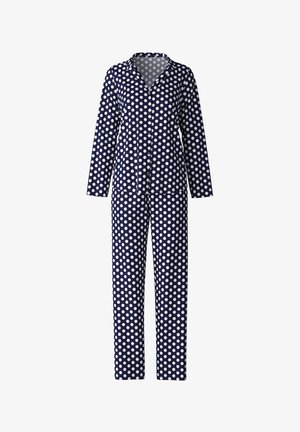 Navy polka dot pajamas made of soft fabric, featuring long sleeves, button-down front, and matching pants with white round patterns.