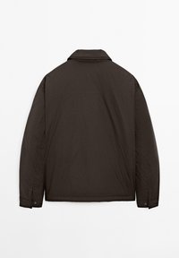 Dark brown long-sleeve jacket with a collar, buttoned cuffs, and a straight hem, shown from the back on a white background.