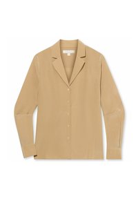 Blusa di seta beige con maniche lunghe, colletto a V e chiusura frontale con bottoni. Texture liscia e design minimalista, con cinque bottoni.