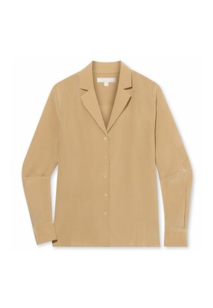 Beige zijden blouse met lange mouwen, een insnoering kraag en knopen aan de voorkant. Gladde textuur en minimalistisch ontwerp met vijf knopen.