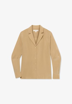 Béžová hedvábná blůza s dlouhými rukávy, s vykrojeným límcem a zapínáním na knoflíky. Hladká textilie a minimalistický design, obsahující pět knoflíků.
