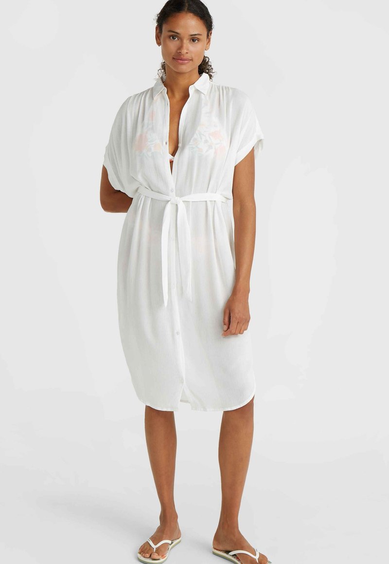 White button-up dress with a tie waist, short sleeves, and delicate floral embroidery on the chest, made from a lightweight fabric.