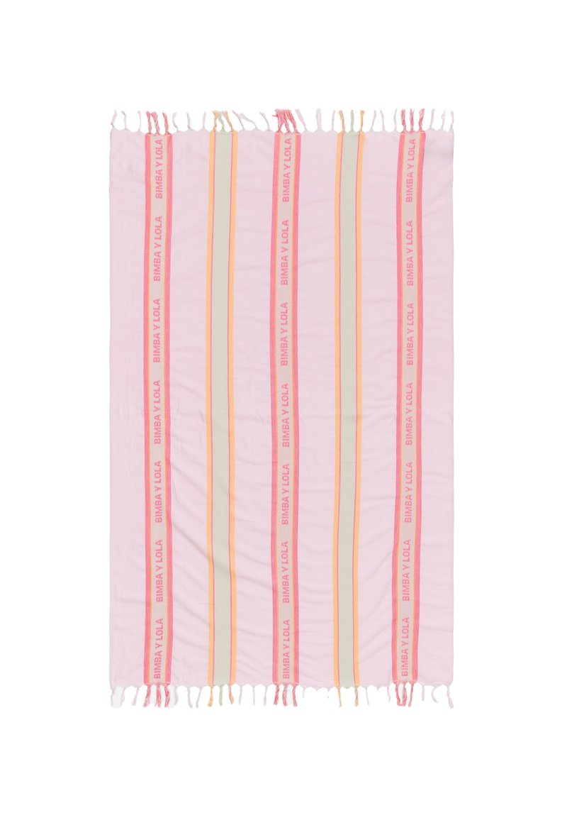Manta textil en suave rosa, con rayas verticales en naranja y amarillo. Los bordes tienen flecos, y el nombre de la marca está impreso a lo largo de las rayas.