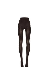 Collant neri opachi con texture liscia, design a vita alta e silhouette aderente, caratterizzati da una costruzione senza cuciture e senza motivi visibili.