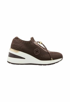 Brown knit sneaker with white wedge sole, elastic ankle collar, gold accent, and decorative laces on a plain white background.