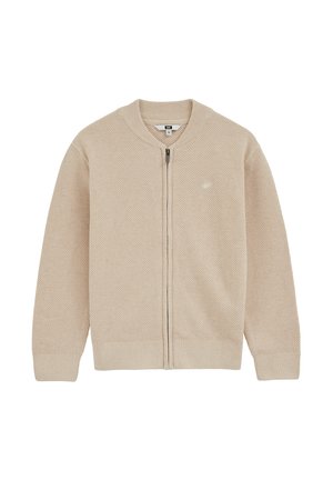 Cardigan bej tricotat cu fermoar, guler, manșete și tiv răsucite, având un model subtil texturat și un logo mic pe piept.