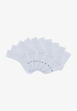 Twelve pairs of white cotton socks featuring various gray geometric patterns along the side. Soft texture and classic crew design.