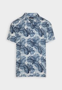 Camicia a maniche corte con un motivo foglioso blu e bianco, dotata di bottoni, realizzata in tessuto leggero e con un design classico del colletto.