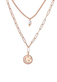 Collane a strati con una catena in oro rosa, un accento in perla e un pendente con un design a luna crescente e stella, decorato con strass.