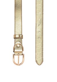 Gouden metallic riem met een gladde textuur, een rechthoekige gesp en verschillende verstelgaatjes langs zijn lengte.