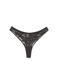 Perizoma in pizzo nero con motivo floreale, vita sottile e copertura minima. Caratterizzato da una texture morbida e dettagli trasparenti.