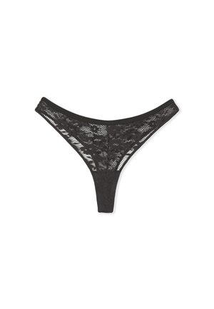 Zwarte kanten thong met bloemenpatroon, een smalle tailleband en minimale bedekking. Beschikt over een zachte textuur en doorschijnende details.