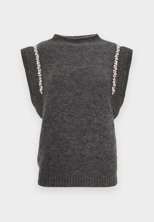 Grå strikket ermeløs topp med høy hals, med fremtredende skulderdetaljer dekorert med klare rhinestones.