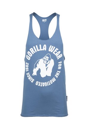 Light blue tank top featuring a large white graphic of a gorilla and text reading "GORILLA WEAR FOR THE UNMOTIVATED SINCE 1982."