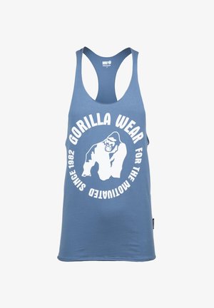 Helles blaues Tanktop mit einem großen weißen Grafik eines Gorillas und dem Text "GORILLA WEAR FÜR DIE UNMOTIVIERTEN SEIT 1982."