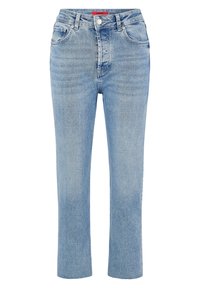 Ljust blå högmidjade jeans i denim, med rak passform, fem fickor, knappstängning och subtil blekning på tyget.