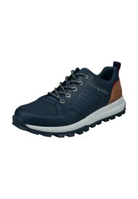 Navy blue athletic shoe with textured upper, padded collar, brown suede accents, reflective laces, and rugged black rubber outsole.