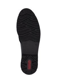 Semelle de chaussure noire avec des motifs géométriques et logo "rieker" rouge incrusté près du talon, taille 37 marquée sur la partie intermédiaire.