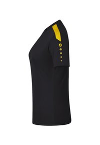 Maglietta sportiva nera a maniche corte, con un accento giallo sulla spalla e cinque punti gialli lungo la manica. Tessuto dalla texture liscia.