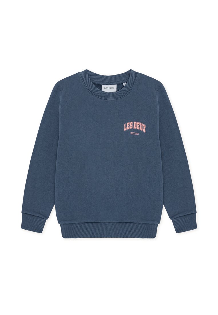Μπλε σκούρο φούτερ από βαμβακερό μείγμα, με ριμπ λαιμόκοψη, ριμπ μανσέτες και ροζ λογότυπο "LES DEUX" στο μπροστινό μέρος.