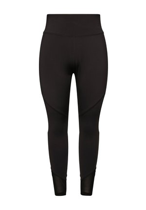 Sorte leggings lavet af strækbart materiale, med høj talje, tætsiddende design og mesh-accentpaneler på underbenene.
