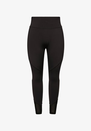 Czarne legginsy wykonane z elastycznego materiału, z wysokim pasem, dopasowanym krojem i aksamitem w panelach siatkowych na dolnych nogawkach.