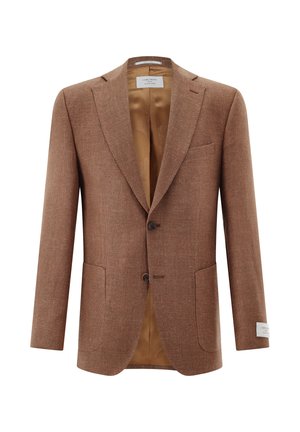 Braun strukturierter Herrenblazer mit zwei Knöpfen, Revers mit Kerbe, aufgesetzten Taschen und glattem, hellbraunem Innenfutter.