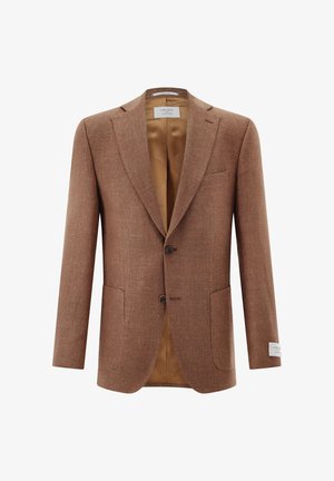 Braun strukturierter Herrenblazer mit zwei Knöpfen, Revers mit Kerbe, aufgesetzten Taschen und glattem, hellbraunem Innenfutter.