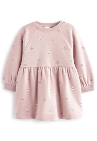 Rosa Kleid mit langen Ärmeln, ausgestattet mit einem gerafften Rock und verspielten Tiermotiven, darunter Pandas und Bären, vor einem gesprenkelten Hintergrund.
