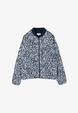 Marine bomberjack met wit loofpatroon, voorzien van een ritssluiting aan de voorkant en ribgebreide kraag en manchetten, gemaakt van een zachte, textuurstof.