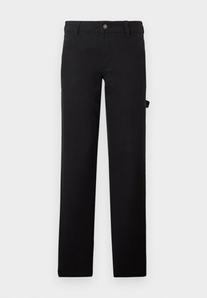 Black pants made of fabric with a smooth texture, designed with straight legs, a button closure, and a side pocket.