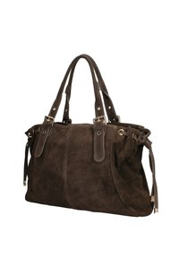 Grand sac à main en suede brun foncé avec double sangles d'épaule, détails de boucles et fermetures à cordon sur les côtés.