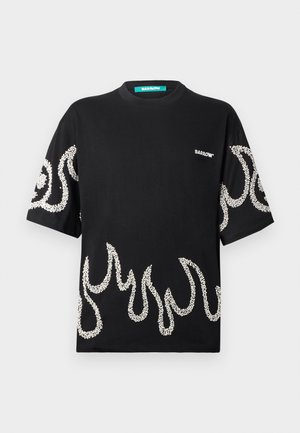 Black cotton t-shirt featuring white flame patterns on sleeves and chest with a round neckline and short sleeves. Brand logo displayed.