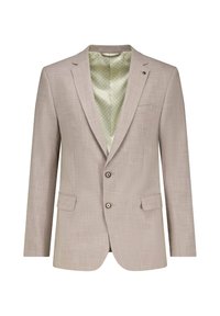 Lichtbeige colbert met twee knopen, notch revers en twee voorzakken. De binnenvoering heeft een subtiel groen geometrisch patroon.